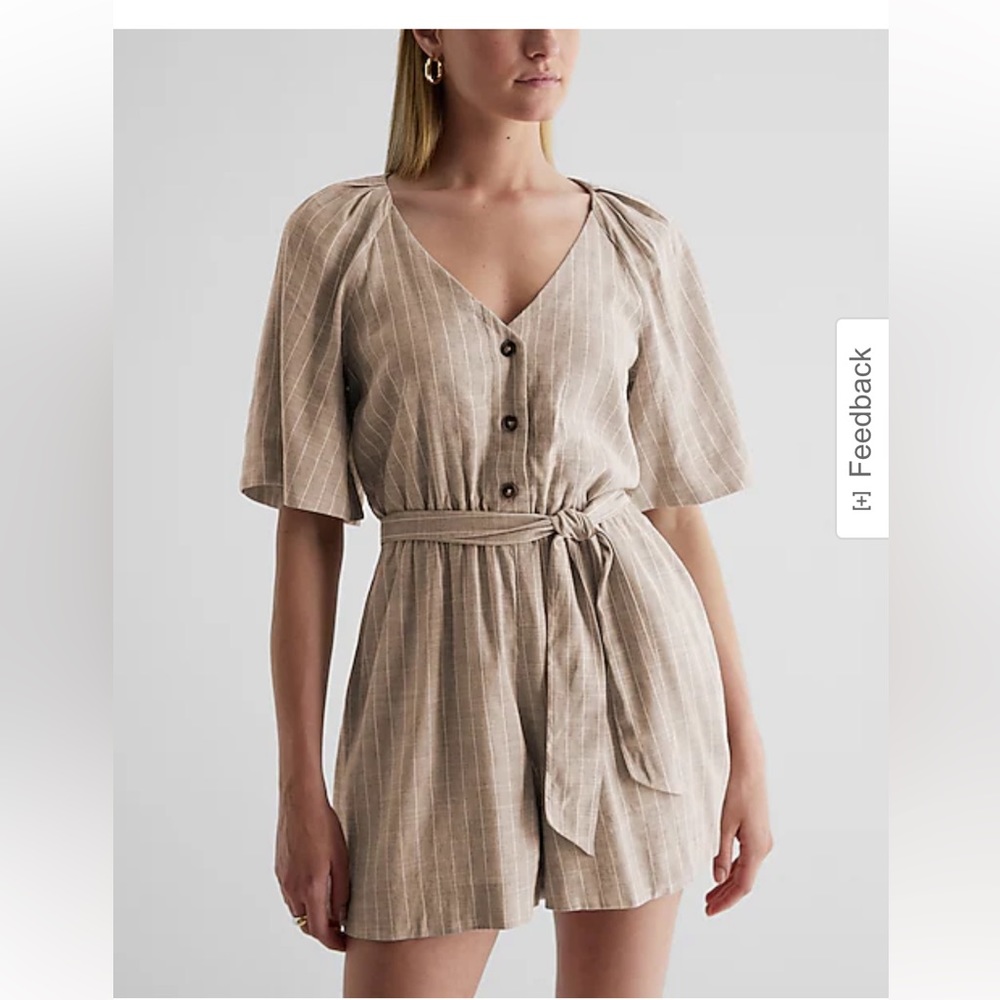 Linen-Blend Striped Button Up Tie Waist Romper size S